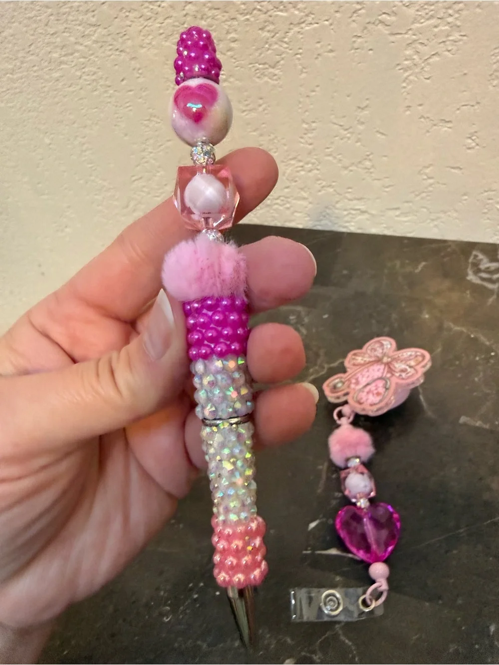 Pink Stethoscope and Hearts Rhinestone Beaded Pen and Matching Badge Reel Set